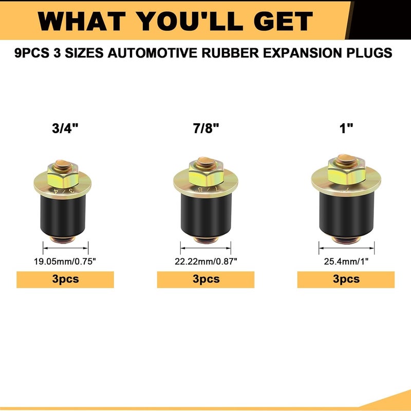 Siptenk 9PCS Freeze Rubber Expansion Plug, 3 Sizes Automotive Rubber Expandable Freeze Plugs 3/4" 7/8" 1" for Engine - Image 2
